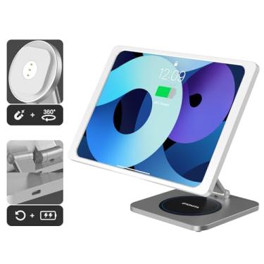 Imagem de EMONITA Suporte magnético dobrável com estojo de carregamento A6 para iPad Mini (A17 Pro, A15 Bionic) 8,3 polegadas. Ímãs fortes, rotação de 360, inclinação de 90, adaptador de carregador rápido de 45