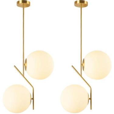 Imagem de 2 x Luminárias 67cm Pendente Jabuticaba 2 Globos Vidro Dourado Lustre 