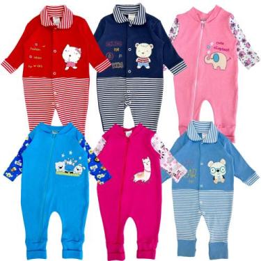 Imagem de Kit 5 Macacão Bebê Suedine Bordado Menina Menino com zíper e pé revers