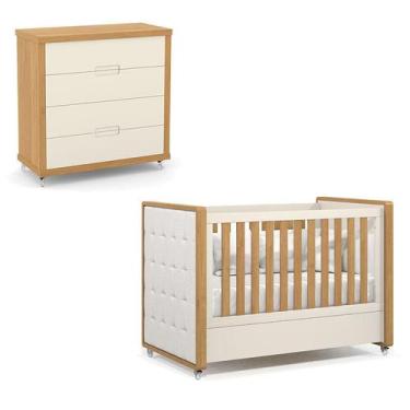 Imagem de Berço Americano com Capitonê New Boucle e Cômoda Gaveteiro Infantil Tu