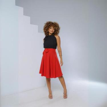 Imagem de Saia Envelope Midi Godê Cintura Alta Transpassada Com Forro - ANNEGUER