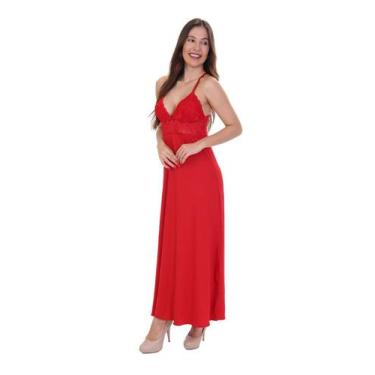 Imagem de Camisola Longa Sem Bojo Fristyle Microfibra Vermelha Com Renda, Vermel
