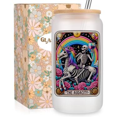 Imagem de Fairy's Gift The Audacity Iced Coffee Cup, fofo copo de vidro fosco de 473 ml com canudo de tampa, copos engraçados de caveira de Natal, copo de vidro de esqueleto sarcástico, presentes legais de