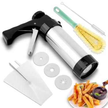 Imagem de Churro Maker Machine, kit de fabricação de biscoito de aço inoxidável com 3 discos, 2 escovas de limpeza, 2 escovas, saco de confeitar, bocais de confeiteiro, para decoração de biscoitos e bolos