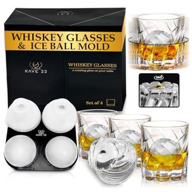 Imagem de KAVE 22 Conjunto de 4 copos de uísque - Copo giratório de bourbon com molde de bola de gelo - Scotch elegante, base giratória à moda antiga - Kit de bebida de cristal espesso Scotch - Presente