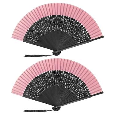 Imagem de FoDau770 Ventiladores dobráveis clássicos, 2 peças de ventiladores de mão de bambu, leques de mão de seda rosa e preta para cosplay, dança, decoração, festa