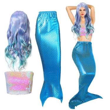 Imagem de Cindeer 3 peças de fantasia de sereia para mulheres, inclui tops cropped de sereia de lantejoulas, tops tubinho metálico, saia cauda, peruca encaracolada, Azul, G
