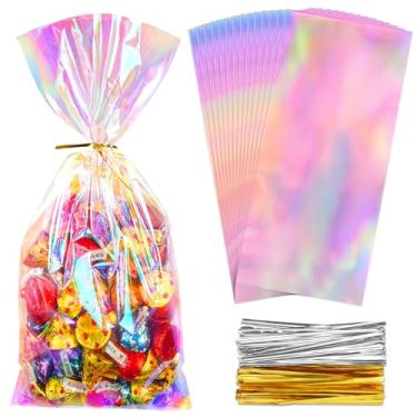 Imagem de Ohuimrt Sacos de guloseimas iridescentes de celofane, 12 x 28 cm, sacos de brindes holográficos de plástico, 100 peças, com 100 peças de gravatas para doces, lanches, pequenos presentes