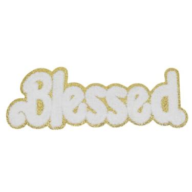 Imagem de 1 peça de adesivos de letras Blessed Chenille, ferro em letras para jeans, roupas, mochilas, chapéus e artesanato DIY, adesivos inspiradores para roupas. (abençoado)