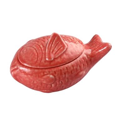 Imagem de Tigela de cerâmica japonesa com tampa, recipiente de condimento em forma de peixe para molho de soja, wasabi, temperos e uso na cozinha, pode ser lavado na lava-louças, 10 x 7 x 4 cm, vermelho