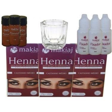 Imagem de 3 Kits de Henna para Sobrancelhas Makiaj Makeup 1,5g Henna e 10ml fixa