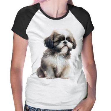 Imagem de Baby Look Raglan Cachorro Shih Tzu Filhote - Foca na Moda, Branco, Pre