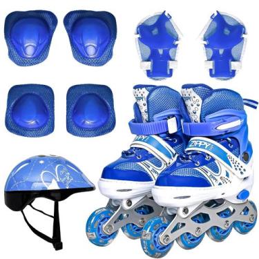 Imagem de Kit Patins In Line Ajustável Azul + Acessórios Proteção Freio Traseiro