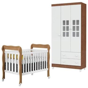 Imagem de Berço Lila E Guarda Roupa Mariah 3 Portas Branco Acetinado Amadeirado 