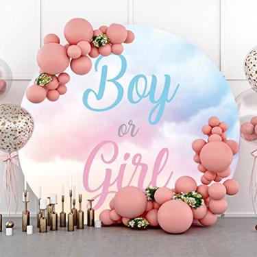 Imagem de YongFoto 2,3 x 2,3 m, capa de fundo redondo revelação de gênero azul rosa nuvens chá de bebê fundo círculo para fotografia sonhador ele ou ela revelação de gênero festa bolo mesa banner foto infantil
