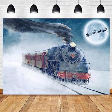 Imagem de MAQTT 2,1 x 1,5 m para fotografia de trem de Natal de inverno, floresta nevada, Natal, noite, ferrovia, festa, foto de fundo, cabine fotográfica, adereços de estúdio