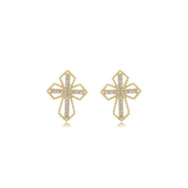 Imagem de Brinco de Cruz Banhado a Ouro 18k Pedras de Zircônia Dourado - Enzara 