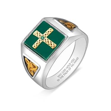 Imagem de Anel de cruz verde masculino religioso joia de aço inoxidável anel de cruz sagrada cristã para homens, Metal precioso, aço inoxidável,