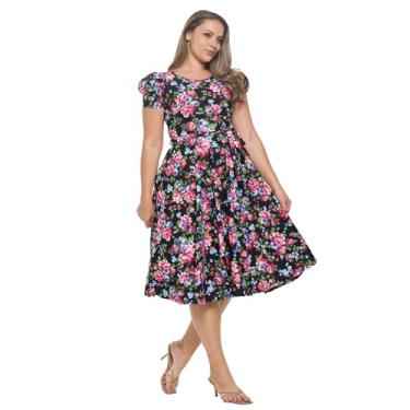 Imagem de Stylish FABRIC Vestidos femininos de manga curta bufante midi coquetel flare chá festa, formal e casual, Cereja preta, 1X-2X