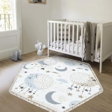 Imagem de Tapete hexagonal, boho, lua, estrelas, nuvens, crianças, moderno, chique, lavável, tapete de corredor, tapete de meditação minimalista para sala de estar, quarto, entrada, berçário, sala de aula,