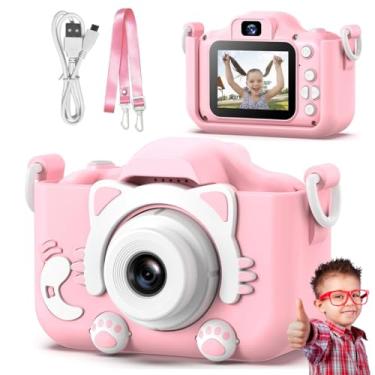 Imagem de Máquina Fotográfica Infantil Câmera Digital Filma HD com Jogos Divertidos Portátil Gatinho Fofa Recarregável (Rosa Gatinho)