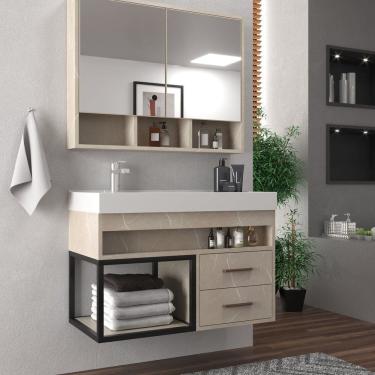Imagem de Conjunto Balcao para Banheiro com Espelheira Avant 80 Marmo Crema