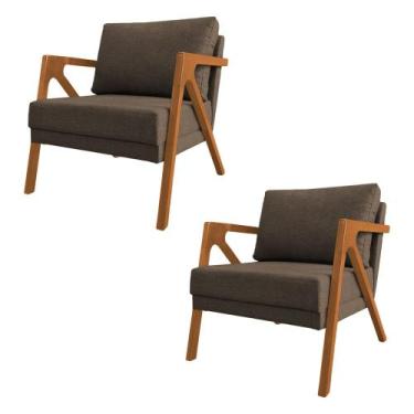 Imagem de Kit 2 Poltronas Mona Monique Luxo Base Madeira Maciça Cerejeira Linho 