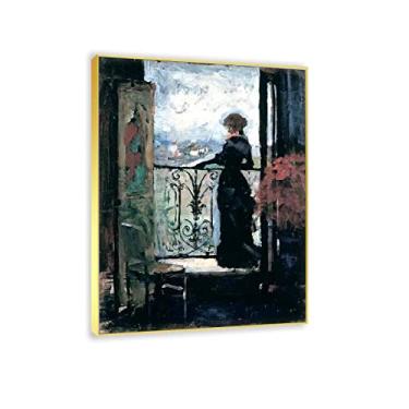 Imagem de JZSDGB Quadro dourado - impressões em tela arte de parede famosa reprodução de pintura - "Lady on a Balconyby Albert Edelfelt Giclee Impressão em tela e pôsteres-arte de parede em tela imagens de