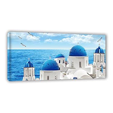 Imagem de Pôster da Grécia Santorini Mar Egeu Impressões esticadas e emolduradas. Impressão de pintura de paisagem em tela. Pronto para pendurar arte de parede quadros de edifícios para decoração de sala de