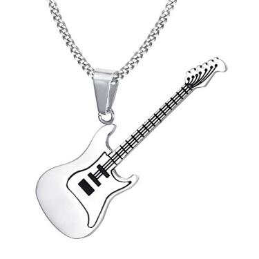Imagem de Rockyu Colar de guitarra elétrica rock para homens e mulheres corrente de aço inoxidável prata 61 cm pingente de guitarra musical 53 mm joias presentes para amigos amantes da música