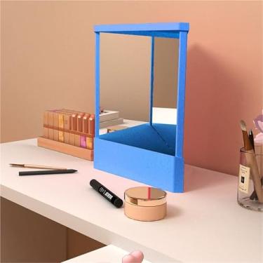 Imagem de ABPWO Espelho não reversível, espelho verdadeiro não inverso Real Me, pequeno espelho verdadeiro para imagem verdadeira, espelho reverso, espelho invertido para maquiagem e beleza (azul, 14 x 17 cm)