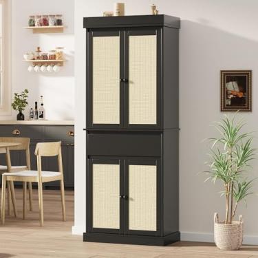 Imagem de GarveeHome Armário de despensa de cozinha, armário de armazenamento alto com portas de vime e prateleiras ajustáveis, armário independente com gaveta para banheiro, sala de jantar, sala de estar,