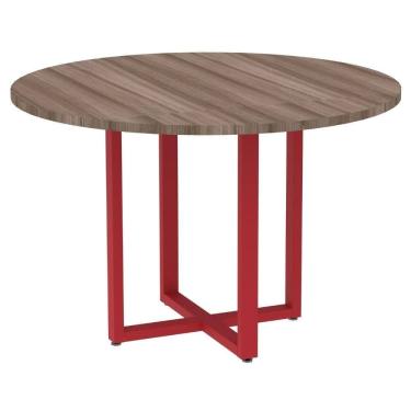 Imagem de Mesa de Reunião Redonda P25 Pandin 110 cm (Largura) Tampo MDP Walnut Pé Aço Tubular Vermelho