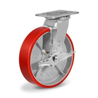 Imagem de NINOSO Rodas de rodízios resistentes de 20 x 5 cm, roda de poliuretano com forte capacidade de carga de 680 kg, roda industrial de placa para carrinho (1 pacote, vermelho com freio)