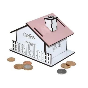 Imagem de Cofre porta moedas casinha mdf branco rosa - darama