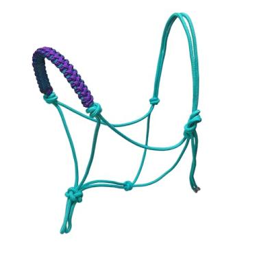 Imagem de horzmetnex Cabresto de corda de cabeça de cavalo – Nylon resistente, design durável, múltiplo, lindo trançado à mão (azul, padrão)