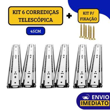 Imagem de Kit 6 Corrediças Gaveta Trilho Telescópica Light Com Parafusos 45cm - 