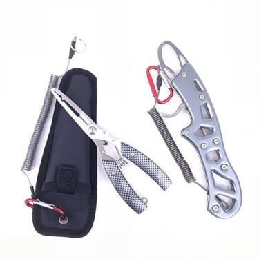 Imagem de ToutSimple Conjunto de alicates de pesca, alicate de isca de aço inoxidável de alumínio de 18 cm com nariz dobrado, abridor de anel dividido, pegador de peixe, cortador de linha, resistente à água