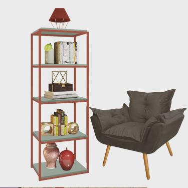 Imagem de Kit Poltrona Fatte com Estante Livreiro Ferro Bronze mdf Verde Oliva Suede Cinza - Ahazzo Móveis