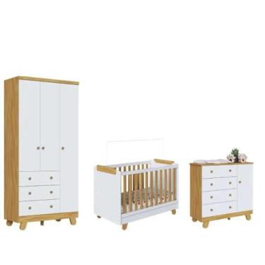 Imagem de Quarto Completo Bebe Moveis Peroba Pingo Berço 4x1 MDF Ls, Branco Amên