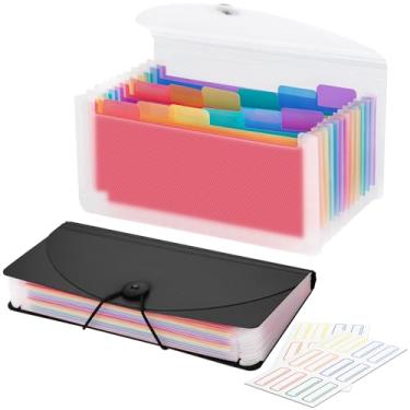 Imagem de Organizador de recibos A6 com 13 bolsos, pacote com 2 pequenos organizadores de arquivos sanfonados, organizador de cupons com etiquetas - transparente e preto