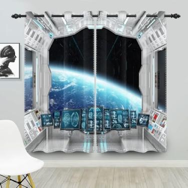 Imagem de Cortinas blackout para estação de nave espacial para crianças, meninos, sala de estar, quarto, espaçonave interior com vista de janela no planeta, cortinas de janela série ficção científica, cortinas