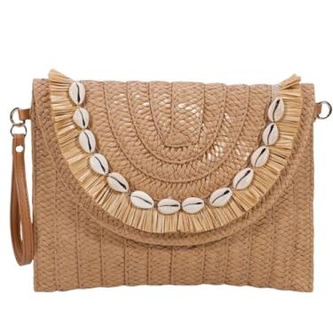 Imagem de AMOUR DE LOTUS Bolsa de palha pequena para mulheres, bolsas de verão bolsa envelope de tecido de praia, bolsa transversal de palha boho, Bege