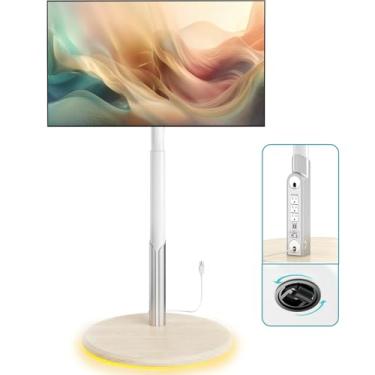 Imagem de LLDEPLL Suporte De Tv Móvel De Chão Com Tomada Elétrica, Carrinho De Tv Com Rodinhas Para Monitores Oled De 27 A 65 Polegadas, 6 Níveis De Ajuste De Altura, Iluminação Ambiente Nas Rodas Inferiores