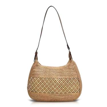 Imagem de QTKJ Bolsa de palha para mulheres, bolsa de praia de grande capacidade, bolsa transversal ajustável, bolsa sacola adequada para férias e viagens diárias, Caqui, One Size
