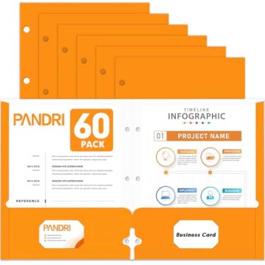 Imagem de Pastas de portfólio de dois bolsos, pacote com 60 PANDRI com 3 furos e 2 pastas de bolso para fichário de 3 anéis, pasta de arquivo de papel tamanho carta para escola, escritório, casa, negócios