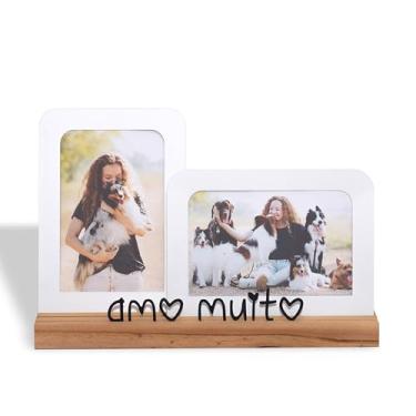 Imagem de Porta Retrato Duplo Amo Muito, 2 fotos 10x15cm, Moldura de Metal e Madeira, branco, preto - GEGUTON