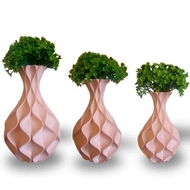 Imagem de kit 3 vasos Jarros decorativos com Plantas Artificiais - Modelo Jarro Ondulado (salmão)