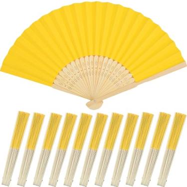 Imagem de Bestage 12 pacotes de ventiladores de mão dobráveis para mulheres, leque portátil dobrável amarelo limão de 20 cm, ventiladores decorativos de papel de bambu japonês chinês para casamento, dança