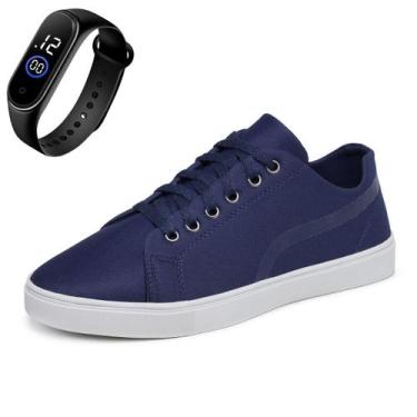 Imagem de Tênis Casual Masculino Sola Reta Com Cadarço + Relógio - Gmm Shoes, Az